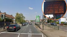 The current pedestrian crossing at Great Cambridge Gardens and (inset) a warning about the roadworks