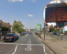 The current pedestrian crossing at Great Cambridge Gardens and (inset) a warning about the roadworks