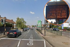 The current pedestrian crossing at Great Cambridge Gardens and (inset) a warning about the roadworks