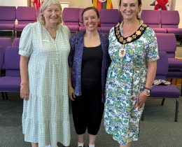 One-to-One boss Fiona Jackson (left), music therapist Camilla Farrant, and Enfield mayor Emma Supple