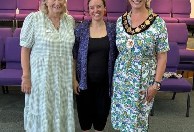 One-to-One boss Fiona Jackson (left), music therapist Camilla Farrant, and Enfield mayor Emma Supple