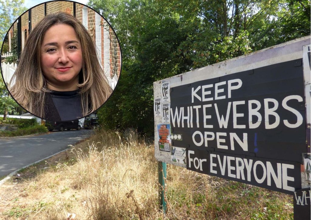 The entrance to Whitewebbs Park and (inset) Enfield North MP Feryal Clark
