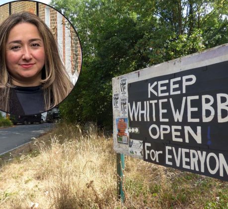 The entrance to Whitewebbs Park and (inset) Enfield North MP Feryal Clark