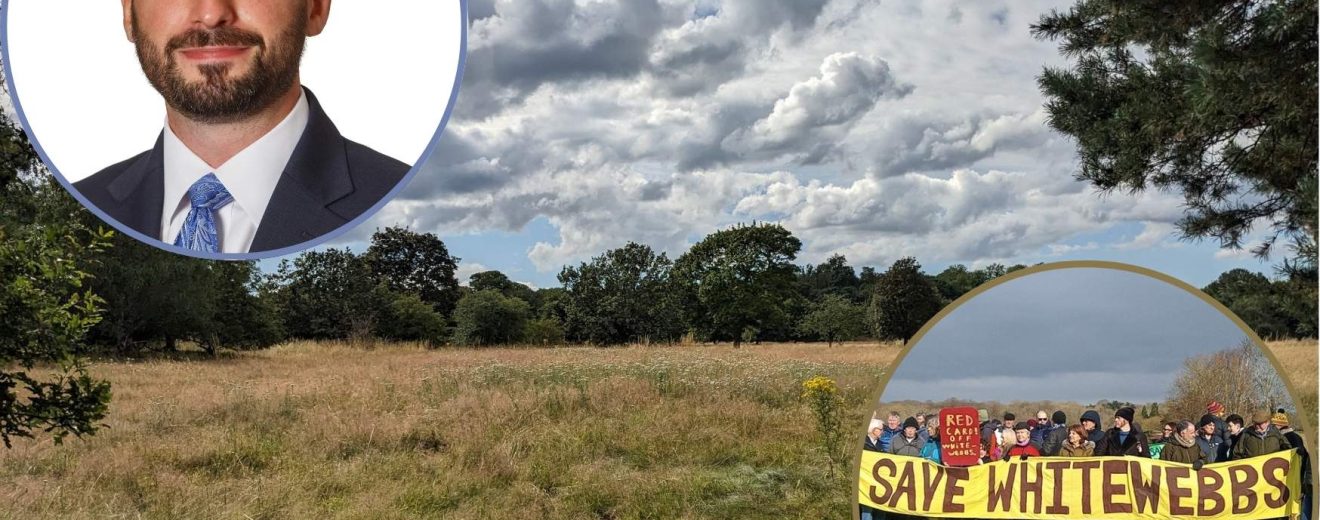 Whitewebbs Park with (inset left) council leader Alessandro Georgiou and (inset right) the campaign to save it