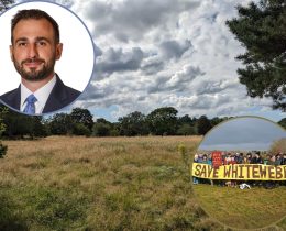Whitewebbs Park with (inset left) council leader Alessandro Georgiou and (inset right) the campaign to save it