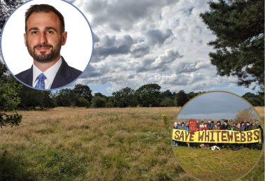 Whitewebbs Park with (inset left) council leader Alessandro Georgiou and (inset right) the campaign to save it