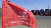 A Unite flag outside Arriva's bus depot in Edmonton
