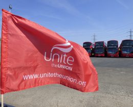 A Unite flag outside Arriva's bus depot in Edmonton
