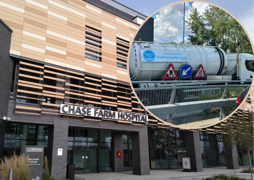 Chase Farm Hospital and (inset) a Thames Water tanker pictured outside today (credit Anna-Louise Adepegba)