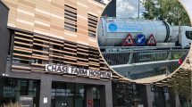 Chase Farm Hospital and (inset) a Thames Water tanker pictured outside today (credit Anna-Louise Adepegba)
