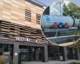 Chase Farm Hospital and (inset) a Thames Water tanker pictured outside today (credit Anna-Louise Adepegba)
