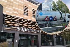 Chase Farm Hospital and (inset) a Thames Water tanker pictured outside today (credit Anna-Louise Adepegba)