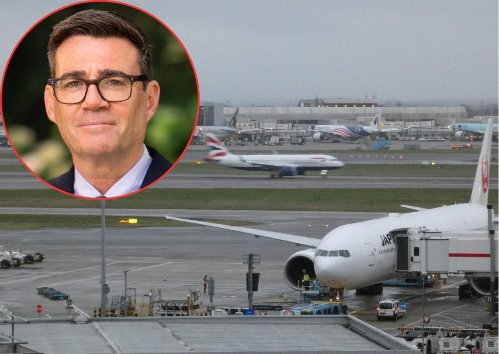 Heathrow Airport and (inset, credit 10 Downing Street) Prime Minister Andy Burnham