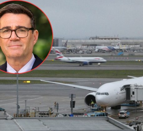 Heathrow Airport and (inset, credit 10 Downing Street) Prime Minister Andy Burnham