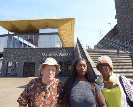 Outside Meridian Water Station, from left; React chair Alf Linney, Meridian One Homeowners Association chair Ebony Lartey, and React vice-chair Cellina Doswell