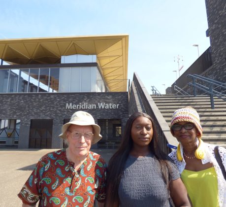 Outside Meridian Water Station, from left; React chair Alf Linney, Meridian One Homeowners Association chair Ebony Lartey, and React vice-chair Cellina Doswell