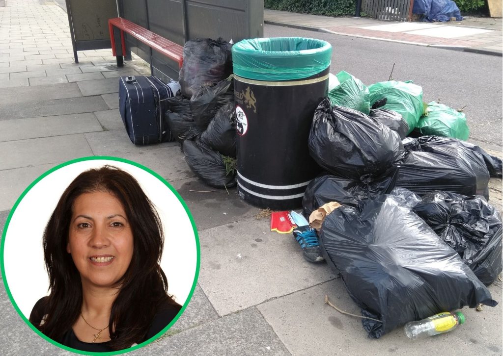 Street litter in Enfield and (inset) cabinet member Maria Alexandrou