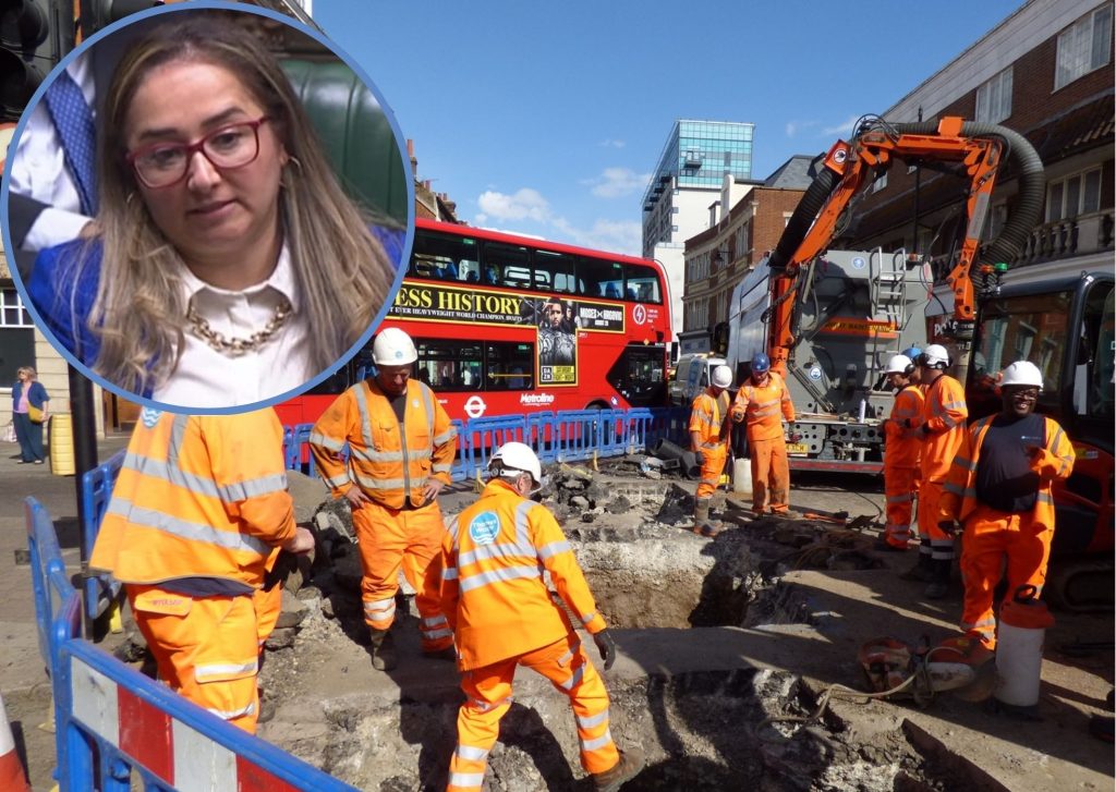 Thames Water dig up Enfield Town last week and (inset) Labour MP Feryal Clark