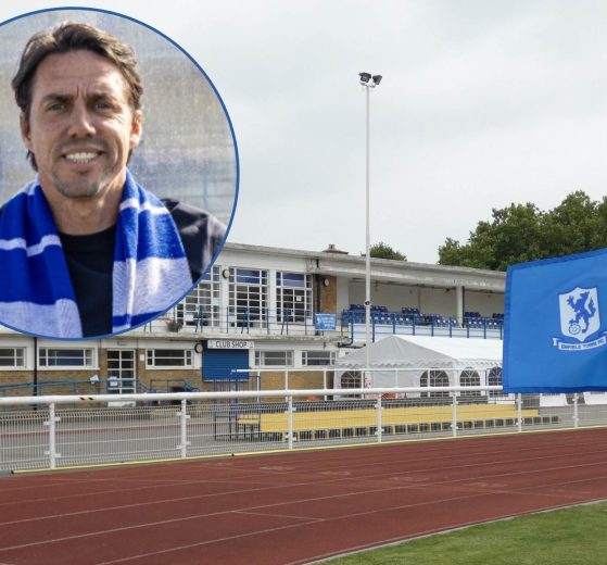 The Dave Bryant Stadium and (inset) Enfield Town FC manager Billy Holland