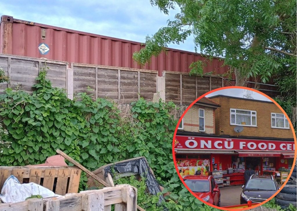 An unauthorised storage container on the allotment and (inset) Oncu Food Centre