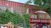 An unauthorised storage container on the allotment and (inset) Oncu Food Centre