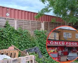 An unauthorised storage container on the allotment and (inset) Oncu Food Centre