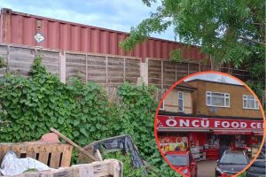 An unauthorised storage container on the allotment and (inset) Oncu Food Centre