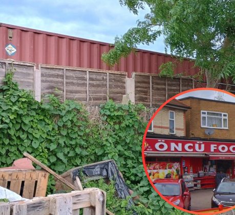An unauthorised storage container on the allotment and (inset) Oncu Food Centre