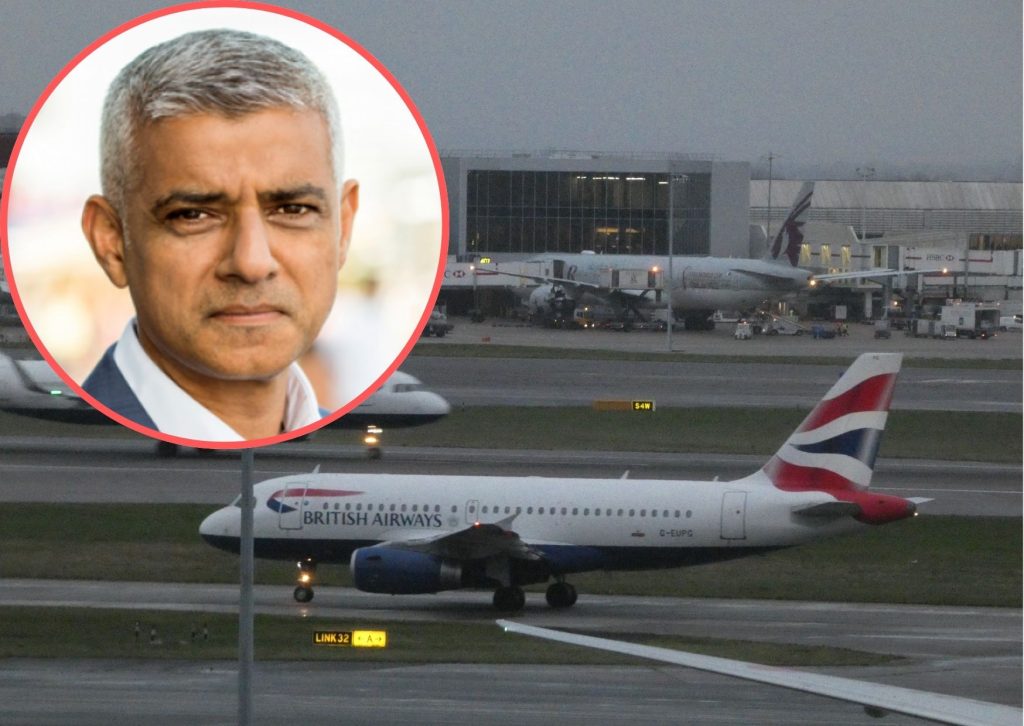 Heathrow Airport and (inset) Sadiq Khan (credit GLA)