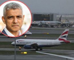 Heathrow Airport and (inset) Sadiq Khan (credit GLA)
