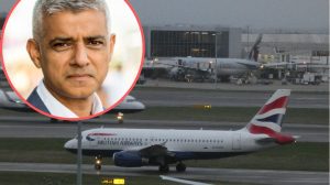 Heathrow Airport and (inset) Sadiq Khan (credit GLA)