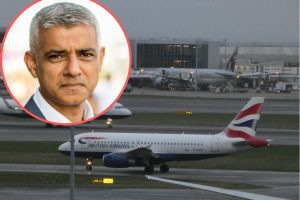 Heathrow Airport and (inset) Sadiq Khan (credit GLA)