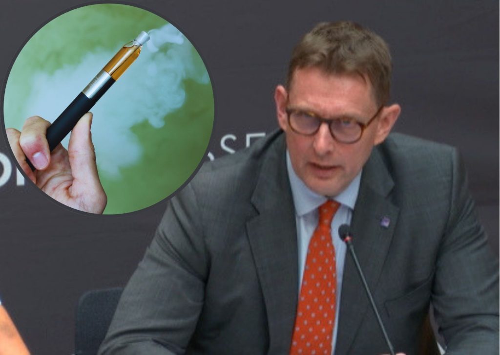 Jonathan Herriman at the London Assembly and (inset) vaping
