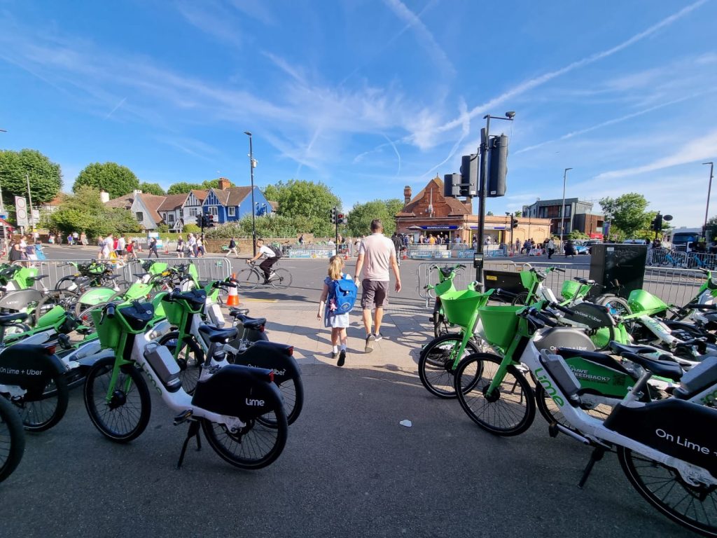 Lime bikes parked on the pavement around Southfields Station in Wandsworth borough (credit Harrison Galliven)