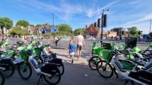 Lime bikes parked on the pavement around Southfields Station in Wandsworth borough (credit Harrison Galliven)