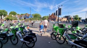 Lime bikes parked on the pavement around Southfields Station in Wandsworth borough (credit Harrison Galliven)