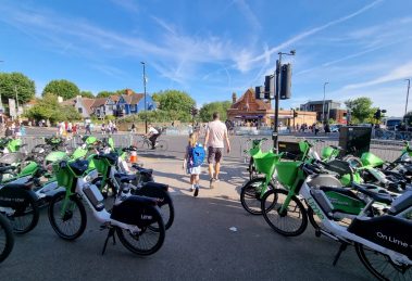 Lime bikes parked on the pavement around Southfields Station in Wandsworth borough (credit Harrison Galliven)