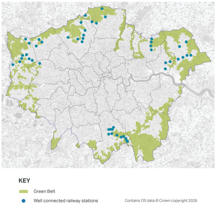 A map of Metropolitan Green Belt land published with the new London Plan, showing "well-connected" stations as blue dots