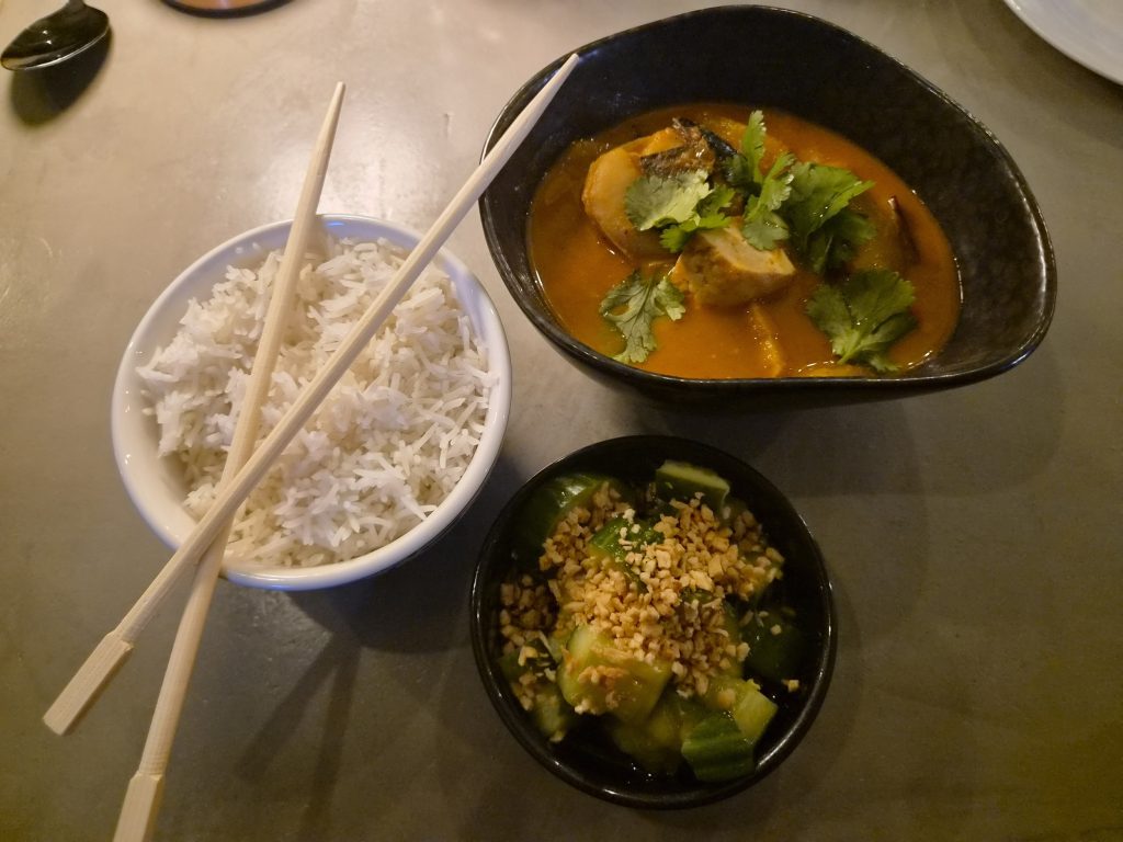 Massaman curry with rice and Japanese cucumber salad