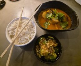 Massaman curry with rice and Japanese cucumber salad