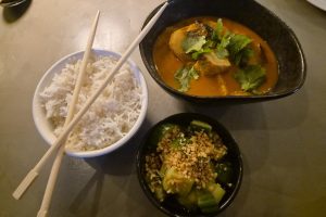 Massaman curry with rice and Japanese cucumber salad
