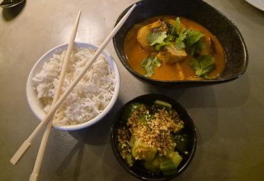 Massaman curry with rice and Japanese cucumber salad