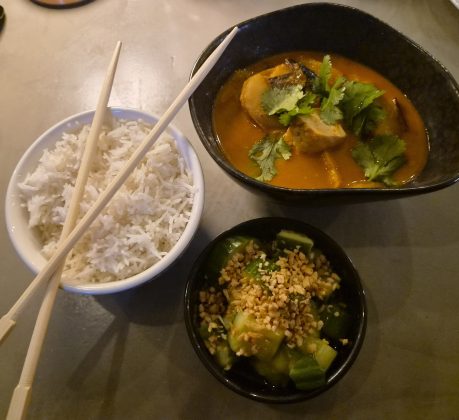 Massaman curry with rice and Japanese cucumber salad