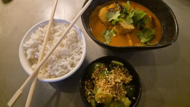 Massaman curry with rice and Japanese cucumber salad