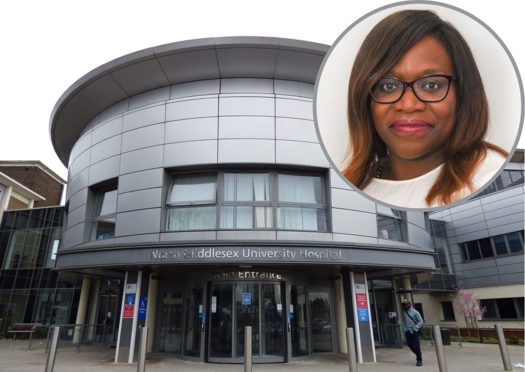 North Middlesex Hospital and (inset) Shola Adegoroye