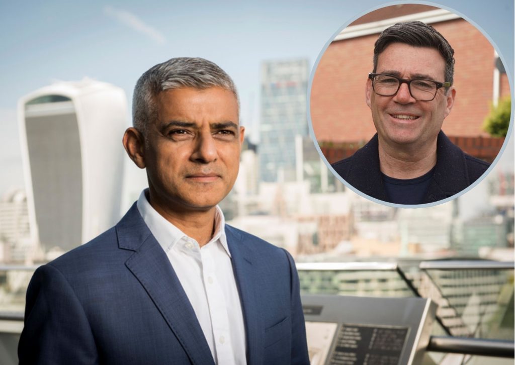 Sadiq Khan (credit GLA) and (inset) Prime Minister Andy Burnham