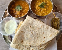 Vegetarian thali with chapatis at Karak Chaii