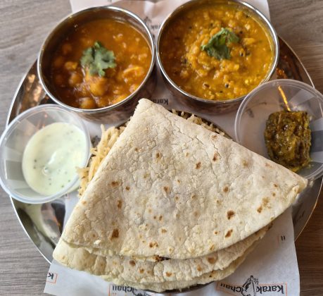 Vegetarian thali with chapatis at Karak Chaii