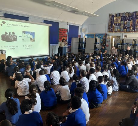 Freezywater Primary School pupils receive recycling tips (credit NLWA)