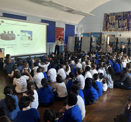 Freezywater Primary School pupils receive recycling tips (credit NLWA)